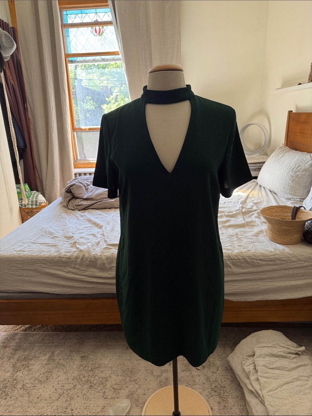 Zara Woman Deep Green Mock Choker Shift Dress